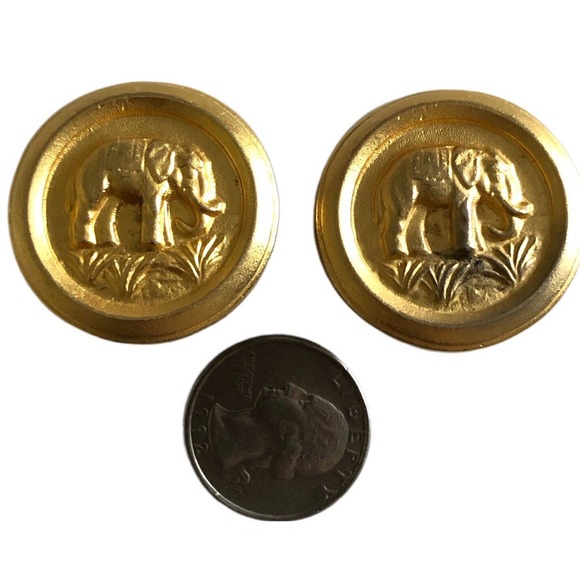Ellen Designs Clip Button Earrings Brushed Gold Elephant Signed 1980s - Picture 4 of 8